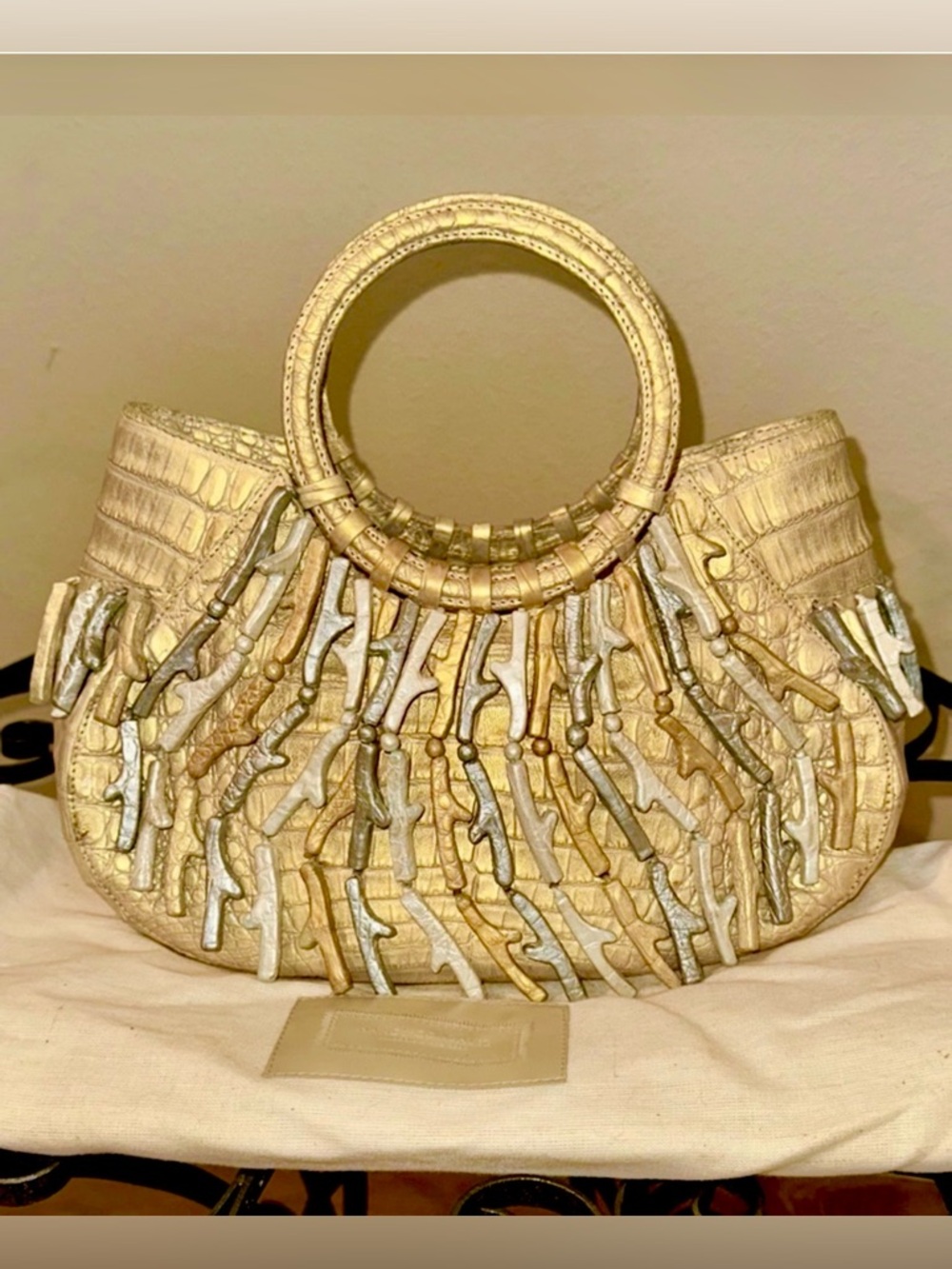 Nancy Gonzalez Metallic Gold Silver Crocodile alligator Circle-Handle Tote